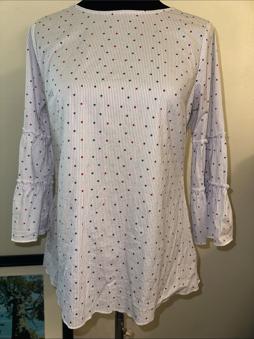 Cavalini White Pinstripe w/ mini stars, Bell-Sleeve designer Top
